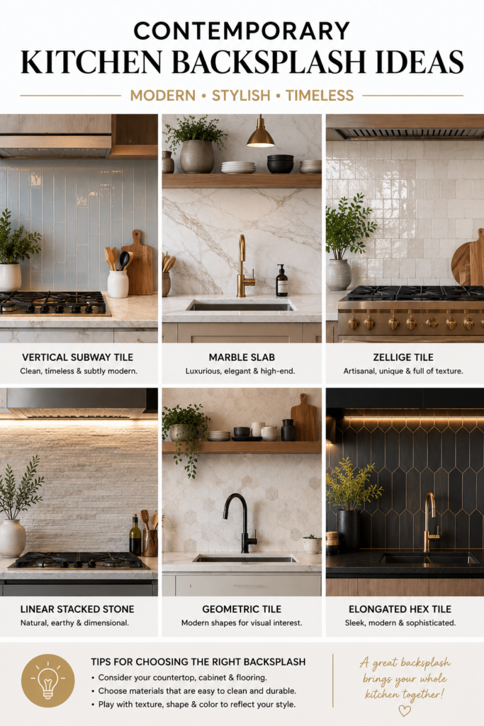 Contemporary kitchen backsplash ideas featuring modern subway tile, marble slab, zellige tile, geometric tile, and luxury backsplash designs.