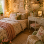 A cozy cottagecore bedroom featuring floral bedding, fairy lights, botanical wall art, soft pastel colors, and cute preppy aesthetic decor.