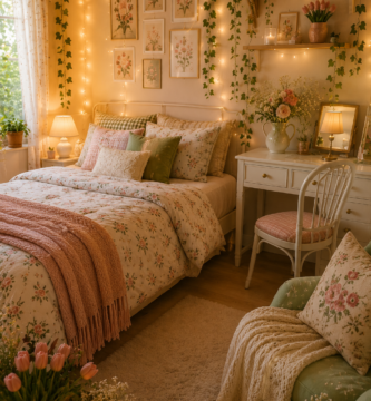 A cozy cottagecore bedroom featuring floral bedding, fairy lights, botanical wall art, soft pastel colors, and cute preppy aesthetic decor.