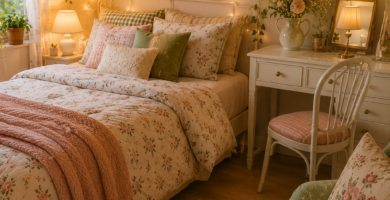A cozy cottagecore bedroom featuring floral bedding, fairy lights, botanical wall art, soft pastel colors, and cute preppy aesthetic decor.
