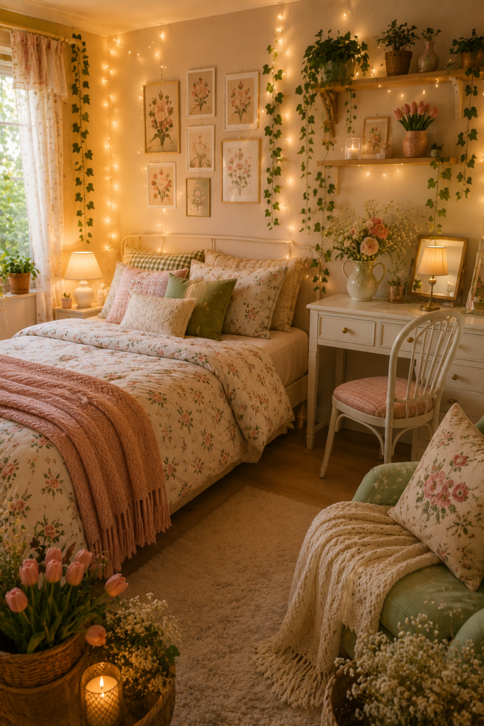 A cozy cottagecore bedroom featuring floral bedding, fairy lights, botanical wall art, soft pastel colors, and cute preppy aesthetic decor.