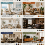 Different home decor styles including modern, farmhouse, coastal, boho, Scandinavian, industrial, traditional, glam, and rustic interior design ideas.