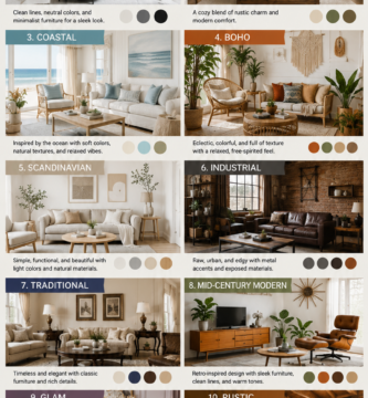 Different home decor styles including modern, farmhouse, coastal, boho, Scandinavian, industrial, traditional, glam, and rustic interior design ideas.