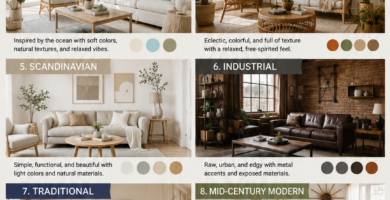 Different home decor styles including modern, farmhouse, coastal, boho, Scandinavian, industrial, traditional, glam, and rustic interior design ideas.