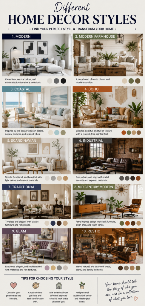 Different home decor styles including modern, farmhouse, coastal, boho, Scandinavian, industrial, traditional, glam, and rustic interior design ideas.