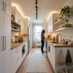 Modern galley kitchen design for small spaces featuring white cabinets, wood countertops, open shelving, warm lighting, and a functional small galley kitchen layout.