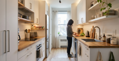 Modern galley kitchen design for small spaces featuring white cabinets, wood countertops, open shelving, warm lighting, and a functional small galley kitchen layout.
