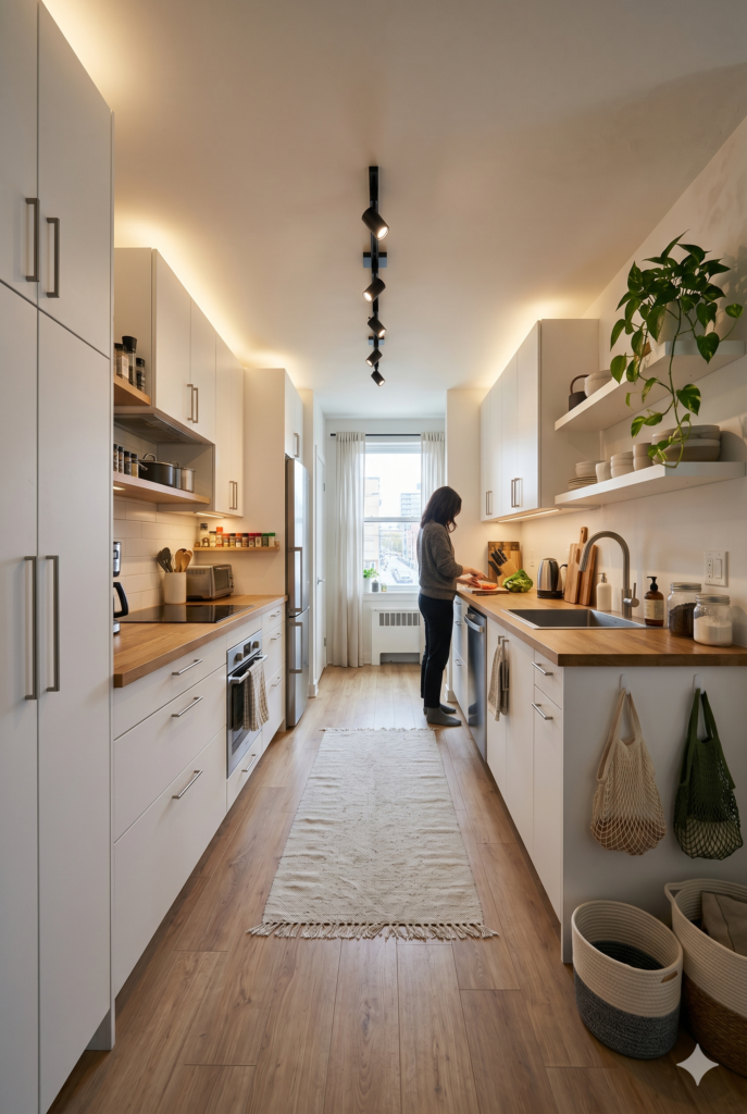 Modern galley kitchen design for small spaces featuring white cabinets, wood countertops, open shelving, warm lighting, and a functional small galley kitchen layout.