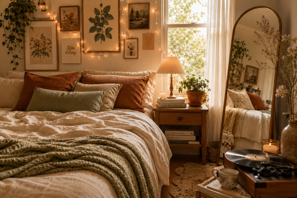 Cozy aesthetic bedroom with fairy lights, soft bedding, wall collage art, and warm ambient lighting