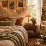 Cozy aesthetic bedroom with fairy lights, soft bedding, wall collage art, and warm ambient lighting