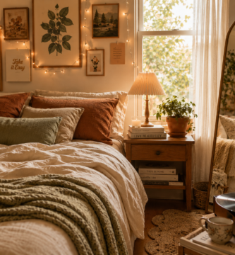 Cozy aesthetic bedroom with fairy lights, soft bedding, wall collage art, and warm ambient lighting