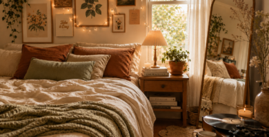Cozy aesthetic bedroom with fairy lights, soft bedding, wall collage art, and warm ambient lighting