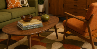 1960s decorating style living room featuring walnut coffee table, Mid-Century Modern accent chair, starburst wall clock, retro geometric rug, and vintage table lamp.