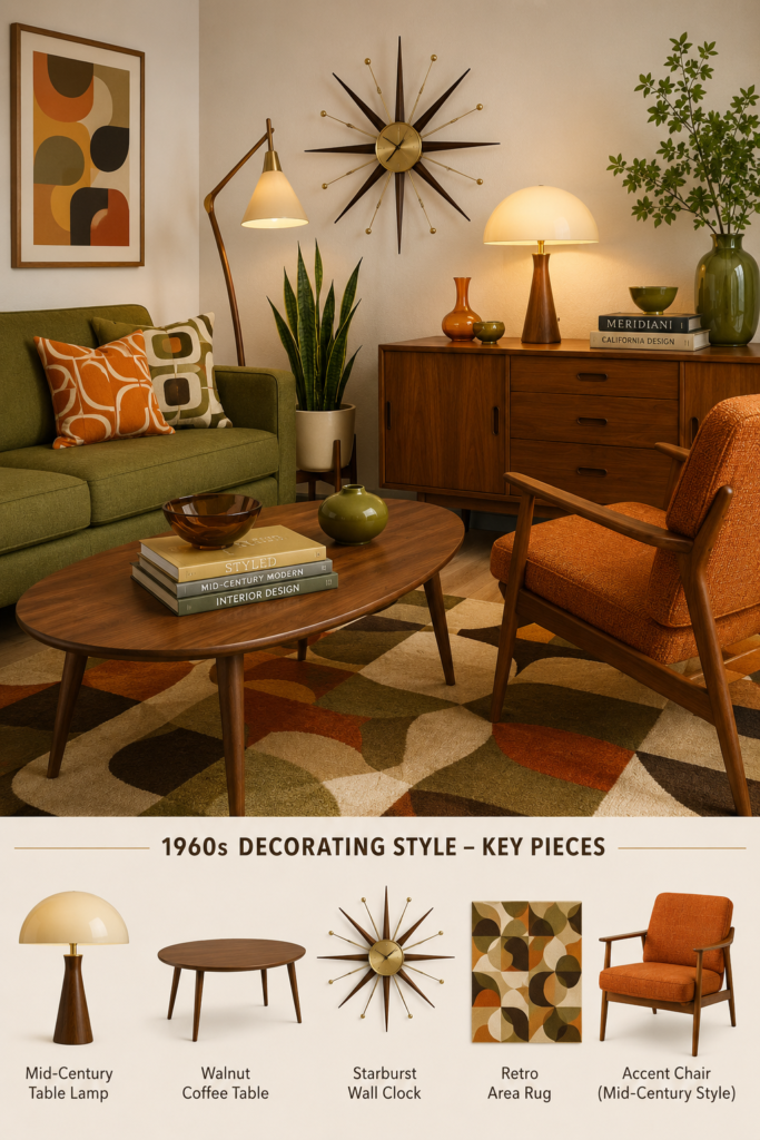 1960s decorating style living room featuring walnut coffee table, Mid-Century Modern accent chair, starburst wall clock, retro geometric rug, and vintage table lamp.