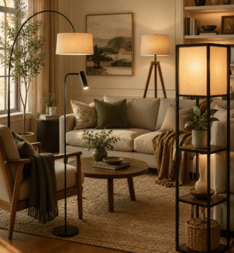 Modern floor lamps for living room featuring arc, tripod, LED, and rustic standing lamps in a stylish contemporary home.