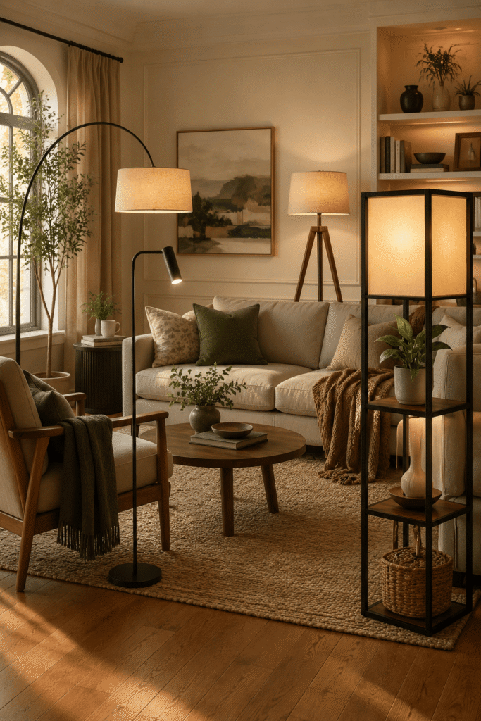 Modern floor lamps for living room featuring arc, tripod, LED, and rustic standing lamps in a stylish contemporary home.