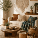 Cozy boho decor living room featuring woven baskets, macramé wall art, faux olive tree, and neutral furniture with warm natural lighting.