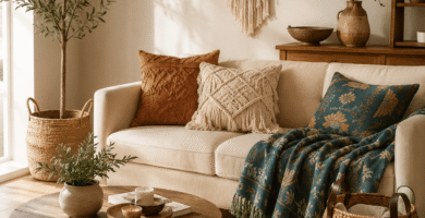 Cozy boho decor living room featuring woven baskets, macramé wall art, faux olive tree, and neutral furniture with warm natural lighting.
