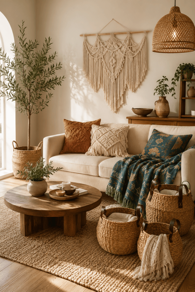 Cozy boho decor living room featuring woven baskets, macramé wall art, faux olive tree, and neutral furniture with warm natural lighting.