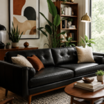 Mid-Century Modern Black Leather Sofa in a Stylish Living Room