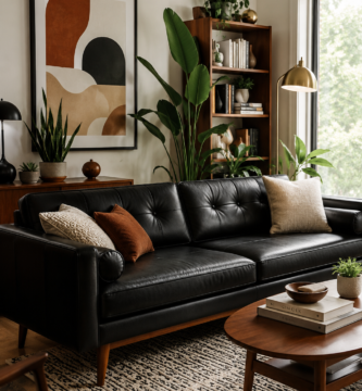 Mid-Century Modern Black Leather Sofa in a Stylish Living Room