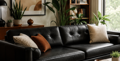 Mid-Century Modern Black Leather Sofa in a Stylish Living Room