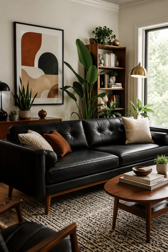 Mid-Century Modern Black Leather Sofa in a Stylish Living Room