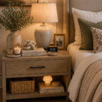 A cozy modern bedroom featuring stylish bedroom nightstand decor ideas with a ceramic table lamp, decorative tray, books, scented candle, ceramic vase, faux greenery, knot sculpture, framed photo, and warm ambient lighting.