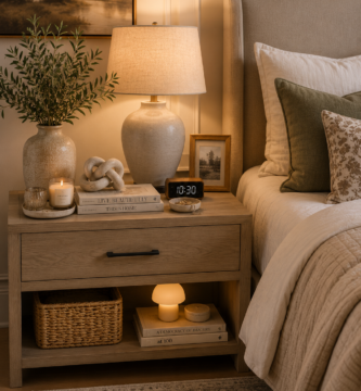 A cozy modern bedroom featuring stylish bedroom nightstand decor ideas with a ceramic table lamp, decorative tray, books, scented candle, ceramic vase, faux greenery, knot sculpture, framed photo, and warm ambient lighting.