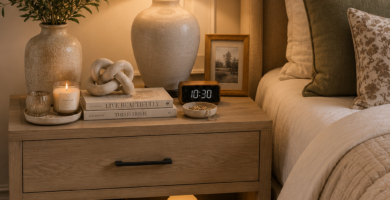 A cozy modern bedroom featuring stylish bedroom nightstand decor ideas with a ceramic table lamp, decorative tray, books, scented candle, ceramic vase, faux greenery, knot sculpture, framed photo, and warm ambient lighting.