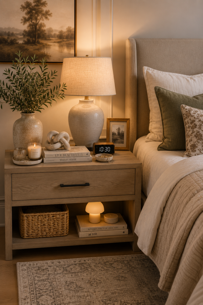 A cozy modern bedroom featuring stylish bedroom nightstand decor ideas with a ceramic table lamp, decorative tray, books, scented candle, ceramic vase, faux greenery, knot sculpture, framed photo, and warm ambient lighting.