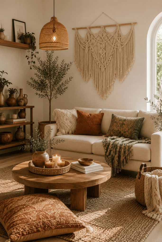 Create a warm and inviting boho living room with woven textures, natural greenery, cozy textiles, and handcrafted décor accents.