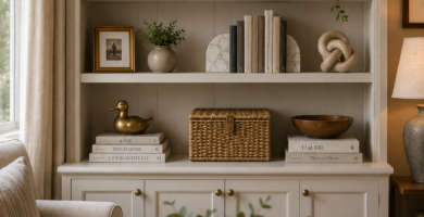 Bookshelf styling ideas featuring decorative books, ceramic vases, faux greenery, candles, framed art, woven baskets, and modern home decor in a cozy living room.
