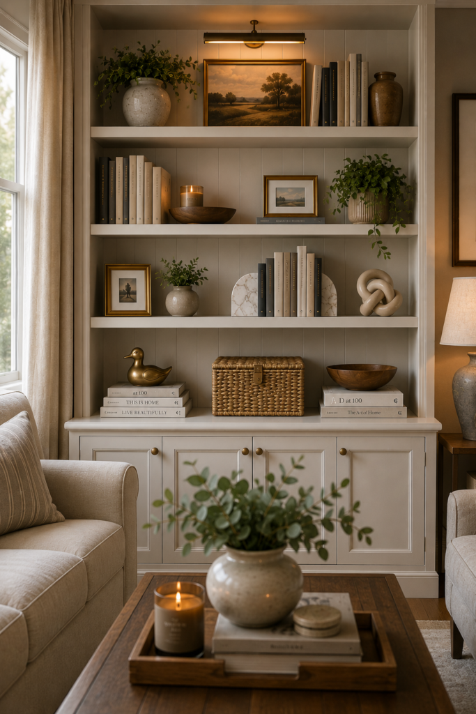 Bookshelf styling ideas featuring decorative books, ceramic vases, faux greenery, candles, framed art, woven baskets, and modern home decor in a cozy living room.