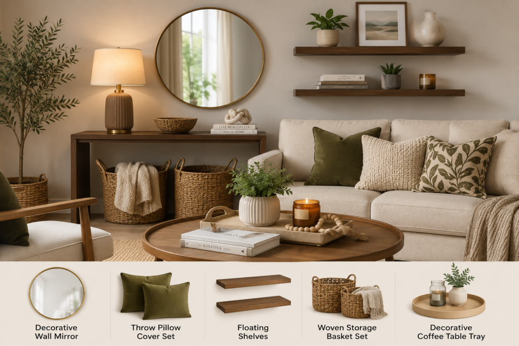 Budget friendly home decor featuring a decorative wall mirror, floating shelves, woven storage baskets, throw pillow covers, table lamp, coffee table tray, and cozy neutral living room styling.