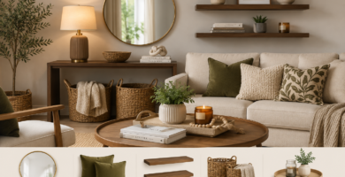 Budget friendly home decor featuring a decorative wall mirror, floating shelves, woven storage baskets, throw pillow covers, table lamp, coffee table tray, and cozy neutral living room styling.