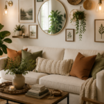 Cheap decorating ideas for living room walls featuring floating shelves, gallery wall frames, decorative mirror, woven wall baskets, plants, and affordable modern wall decor.