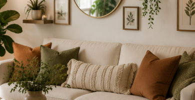 Cheap decorating ideas for living room walls featuring floating shelves, gallery wall frames, decorative mirror, woven wall baskets, plants, and affordable modern wall decor.