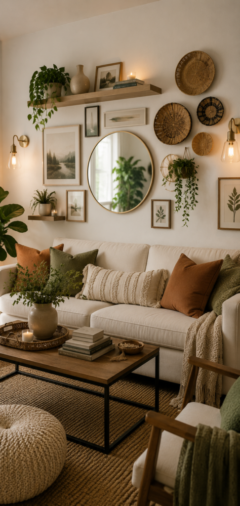 Cheap decorating ideas for living room walls featuring floating shelves, gallery wall frames, decorative mirror, woven wall baskets, plants, and affordable modern wall decor.