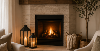 Corner fireplace decor featuring an arched mirror, faux olive tree, decorative lanterns, cozy accent chairs, woven baskets, candles, and modern living room accessories.