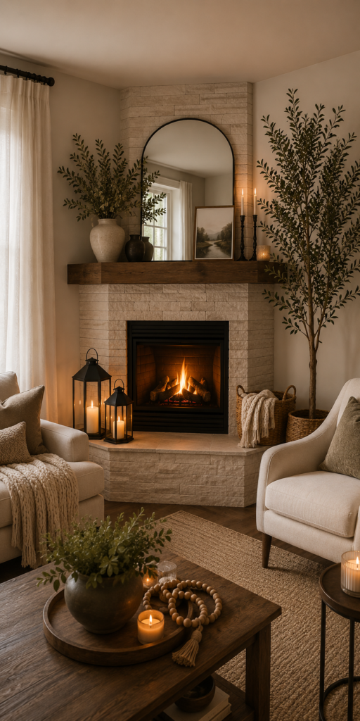 Corner fireplace decor featuring an arched mirror, faux olive tree, decorative lanterns, cozy accent chairs, woven baskets, candles, and modern living room accessories.