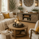 Cozy farmhouse decor living room featuring a rustic wood console, oversized wall clock, mason jar wall sconces, woven baskets, neutral pillows, chunky knit throw, jute rug, candle holders, greenery, and natural wood furniture.