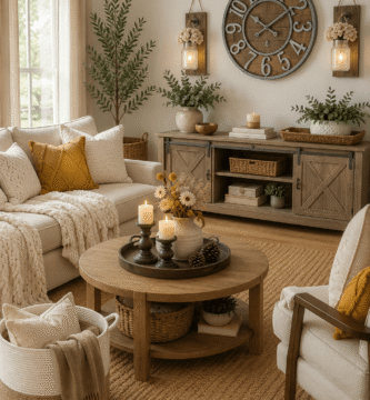 Cozy farmhouse decor living room featuring a rustic wood console, oversized wall clock, mason jar wall sconces, woven baskets, neutral pillows, chunky knit throw, jute rug, candle holders, greenery, and natural wood furniture.