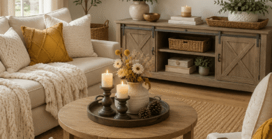 Cozy farmhouse decor living room featuring a rustic wood console, oversized wall clock, mason jar wall sconces, woven baskets, neutral pillows, chunky knit throw, jute rug, candle holders, greenery, and natural wood furniture.