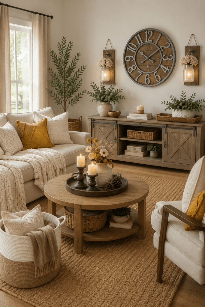 Cozy farmhouse decor living room featuring a rustic wood console, oversized wall clock, mason jar wall sconces, woven baskets, neutral pillows, chunky knit throw, jute rug, candle holders, greenery, and natural wood furniture.