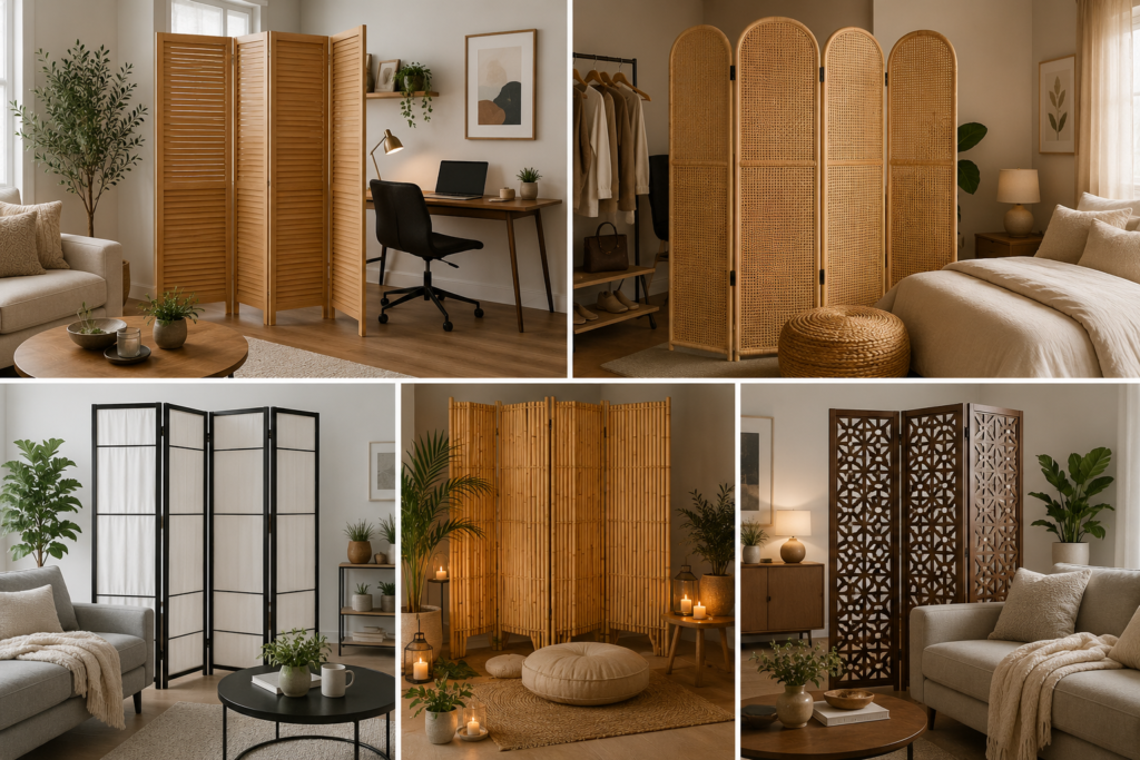 Folding room divider screen in a modern living room featuring wooden, bamboo, and rattan privacy screens with cozy neutral home decor.