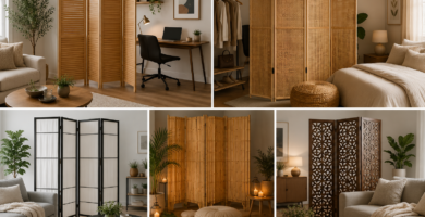 Folding room divider screen in a modern living room featuring wooden, bamboo, and rattan privacy screens with cozy neutral home decor.