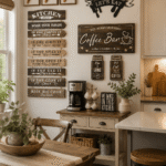 Kitchen wall art featuring rustic signs, coffee bar decor, botanical prints, and modern farmhouse kitchen wall decorations.