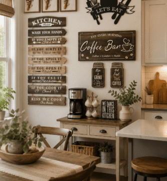 Kitchen wall art featuring rustic signs, coffee bar decor, botanical prints, and modern farmhouse kitchen wall decorations.