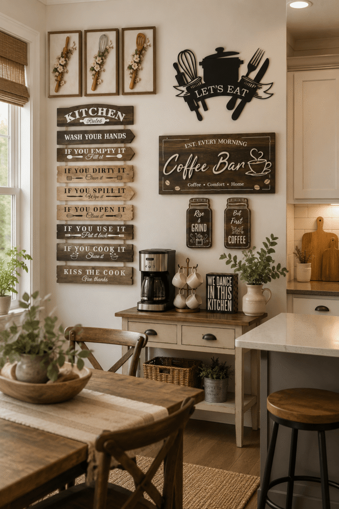 Kitchen wall art featuring rustic signs, coffee bar decor, botanical prints, and modern farmhouse kitchen wall decorations.